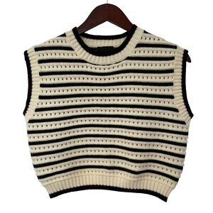 Lumiere Womens Medium Cream Black Striped Knit Sleeveless Cropped Sweater